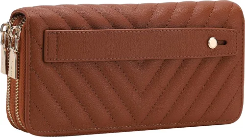 Miniatura 2 de Cartera de piel vegana con doble cremallera y correa de sujeción de mano, Chevron Bordado Marrón
