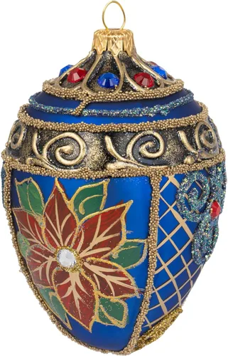 Fabergé - Huevo de cristal soplado de 5 pulgadas, adorno para árbol de Navidad, flor de pascua, color azul marino Poinsettia azul marino y rojo
