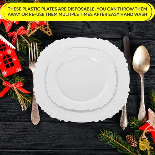 Miniatura 6 de Zlion Juego de platos desechables blancos de 60 piezas, elegante vajilla de plástico para fiestas, bodas, cumpleaños y baby showers, incluye platos