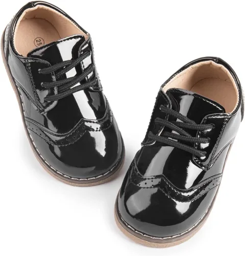 Miniatura 51 de KIDSUN Zapatos de vestir para niño y niña, cómodos zapatos Oxford con cordones para uniforme escolar, mocasines planos (bebé/niño pequeño) E-negro