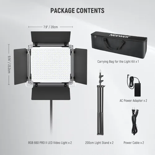 Miniatura 9 de NEEWER Luz de video LED RGB 660 PRO II mejorada con control de aplicación y kit de soporte de trípode, 2 paquetes de 50 W/1% de atenuación