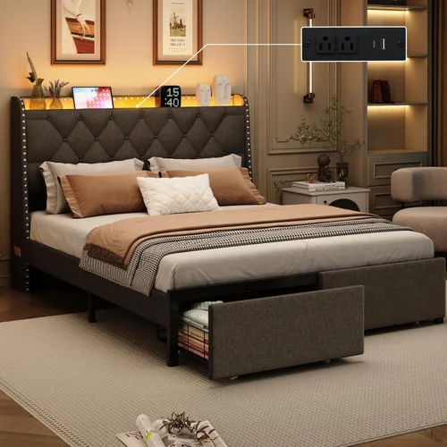 Miniatura 12 de Marco de cama completa con 4 cajones y cabecera de almacenamiento, marco de cama de plataforma tapizada tamaño completo con luces LED y práctica