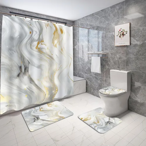 Miniatura 7 de Juego de 4 cortinas de ducha de mármol de lujo, juegos de baño con cortina de ducha, alfombra de tapa de inodoro, tapete de contorno y tapete