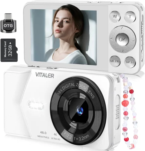 Miniatura 9 de Cámara digital, cámara de enfoque automático de 48 MP, cámara 4K para fotografía con tarjeta de 32 GB, cámara digital compacta portátil de punto