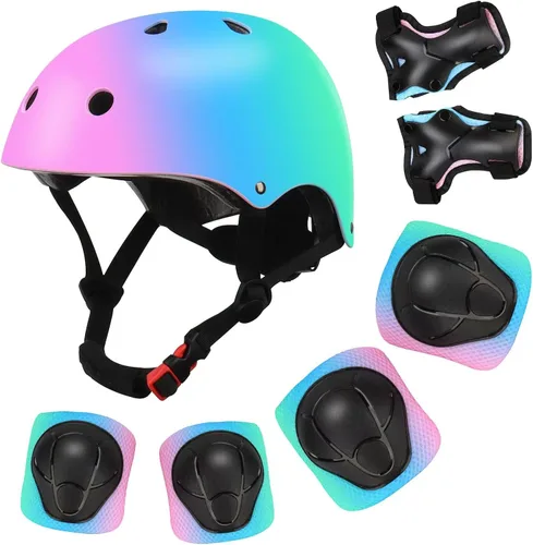 Miniatura 8 de Casco de bicicleta ajustable con gradiente de color para niños con set de rodilleras y coderas Equipo de seguridad multideporte para niños y niñas