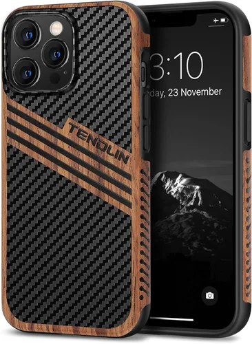 Miniatura 14 de TENDLIN Compatible con iPhone 13 Pro Max, funda de grano de madera con textura de fibra de carbono, funda híbrida de cuero compatible con iPhone 13