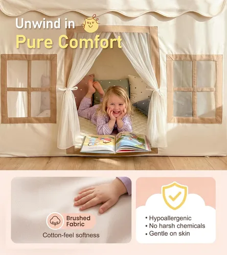 Miniatura 5 de Little Dove Tienda de campaña para niños con alfombra, luces de estrella, guirnalda de borlas, casa de juegos para niños con ventanas fáciles