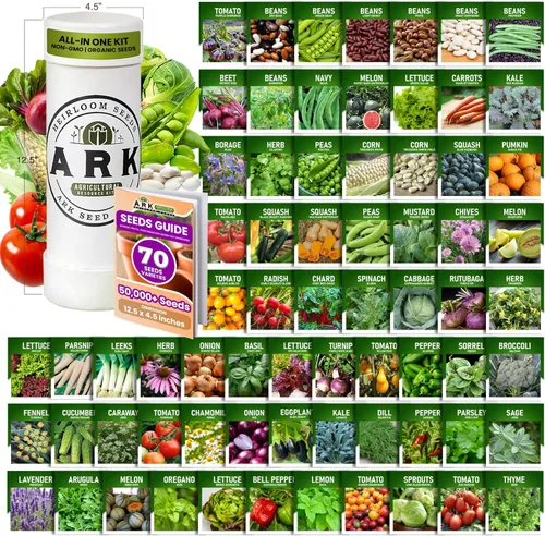 Kit de semillas orgánicas de reliquia, más de 70 variedades, más de 50,000 semillas, frutas, verduras y hierbas para jardinería, incluye hierbas
