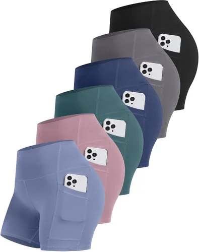 Miniatura 8 de CHRLEISURE - 6 paquetes de pantalones cortos de mujer estilo biker con bolsillo, pantalones cortos de elastano de control de abdomen de 5 pulgadas