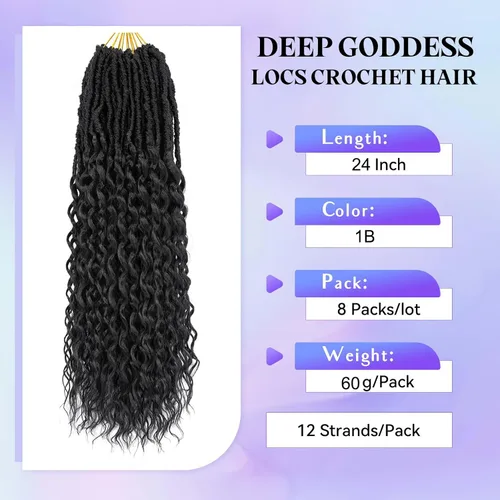 Miniatura 2 de Goddess Locs Cabello de Ganchillo de 24 Pulgadas Ondas Profundas 8 Paquetes Nuevos Locs Sintéticos Suaves Trenzas de Ganchillo Extensiones de 1b