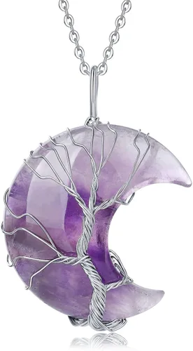 XIANNVXI Collar con colgante de luna creciente envuelta en alambre con forma de árbol de la vida Collar con piedras de cristal curativo de reiki y