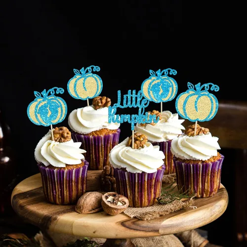 Miniatura 6 de Gyufise 24 piezas de decoración de cupcakes de calabaza con purpurina para temática de otoño, Acción de Gracias, Halloween, baby shower, niños
