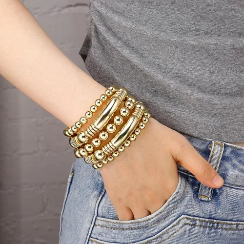Miniatura 4 de Brazalete de oro para mujer, grueso, curvado, apilable, chapado en abalorios, pulseras elásticas