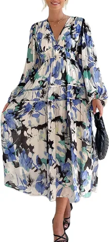Bowanadacles Women Floral Print Tiered Maxi Dress Puff Sleeve V Neck Smoked Dress Boho Flowy Beach Long Dresses