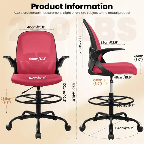 Miniatura 3 de Primy Silla de dibujo alta de oficina con reposabrazos abatibles, silla de escritorio ergonómica ejecutiva para computadora con soporte lumbar