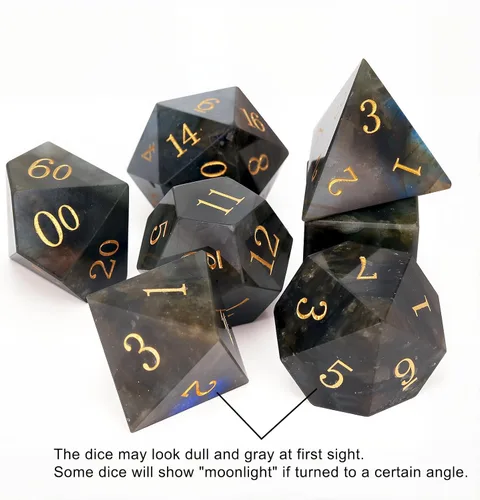 Miniatura 5 de Haxtec - Juego de dados de piedras preciosas de labradorita y piedra lunar, dados poliédricos DND con estuche premium compatible con juegos de mesa