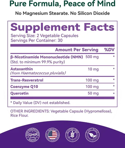 Miniatura 9 de Inner Brightness Suplemento NMN de 500 mg, 99.9% de alta pureza, soporta niveles de NAD+ y energía celular, fórmula 5 en 1 con resveratrol