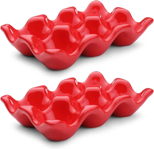 Miniatura 23 de Flexzion Organizador de huevos cerámico para nevera - Bandeja de huevos de 6 tazas, contenedor de porcelana para media docena, organizador de Gris