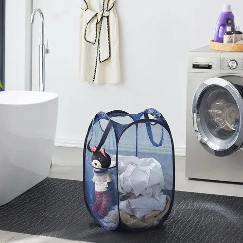 Miniatura 6 de TECHMILLY Cesta de Lavandería Plegable de Malla Pop Up con Asas Resistentes y Bolsillo Lateral - Cestas de Ropa Portátiles y Plegables para Azul