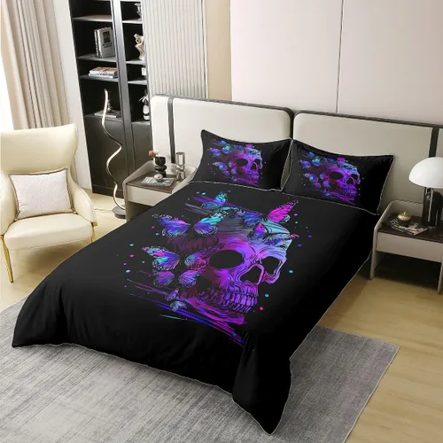 Miniatura 2 de Erosebridal Juego de funda de edredón 100% algodón con diseño de calavera morada, diseño de mariposa psicodélica retro, funda de edredón gótica
