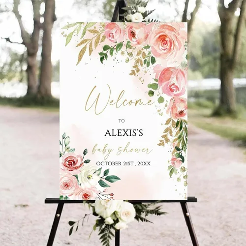 Letrero de bienvenida para baby shower, cartel de bienvenida floral para baby shower, cartel de bienvenida floral rosa, cartel de bienvenida floral
