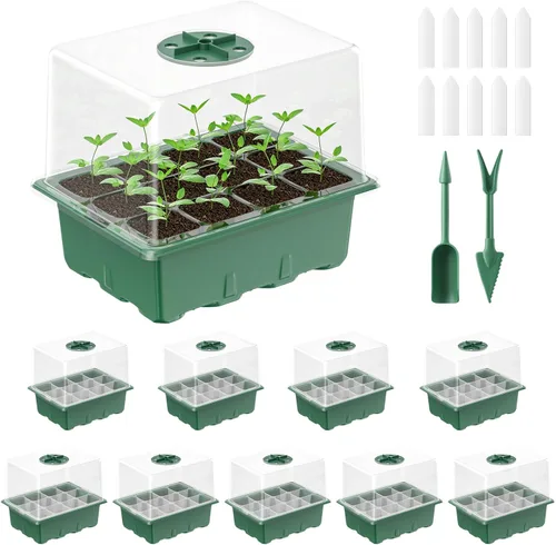 Pawfly Paquete de 10 kits de iniciación de semillas, 120 celdas, bandejas de inicio de semillas con cúpulas de humedad de 4 pulgadas, herramientas y