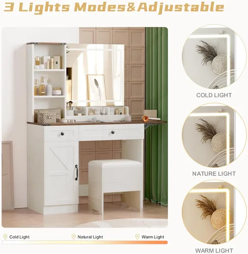 Miniatura 3 de NUNU LAB Escritorio tocador con espejo y luces con 6 cajones y 4 armarios, gran mesa de maquillaje para mujeres con toma de corriente, iluminación