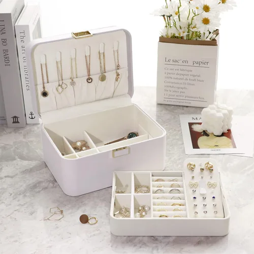 Miniatura 3 de KAMIER Joyero organizador para mujer, 2 capas de joyería para aretes, pulseras, anillos, collares, cuero de lujo y forro de terciopelo suave, caja