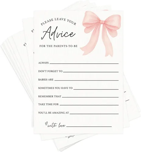 Miniatura 7 de Tarjetas de predicciones y consejos de baby shower de Printed Party – Diseño de lazo rosa, divertido juego de baby shower para invitados, actividad