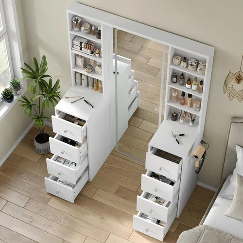 Miniatura 3 de Yanosaku Espejo LED de longitud completa de 47 x 65 pulgadas con toma de corriente, 8 cajones y 8 estantes para dormitorio/guardarropa, regulable e