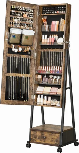 Miniatura 9 de SONGMICS UJJC004X01 - Organizador de joyas con cerradura con espejo de longitud completa, cajón inferior, estante, ruedas, regalos de Navidad
