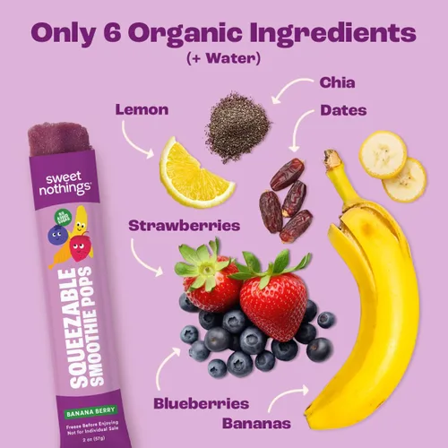 Miniatura 4 de Sweet Nothings, Banana Berry, Paletas de batido de fruta exprimible para niños orgánicas USDA, paquete de valor de 24 - sin colorantes, sin azúcar