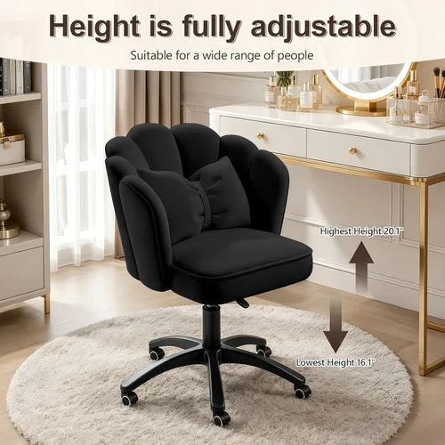 Miniatura 4 de Silla de tocador con ruedas, silla de escritorio de terciopelo con pétalos, silla de oficina en casa tapizada y copetada para mujeres y niñas, silla