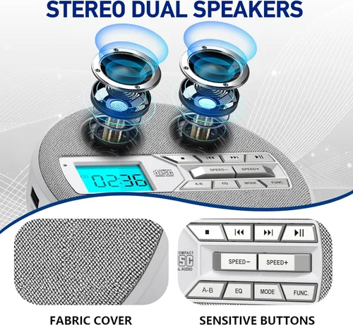 Miniatura 4 de Reproductor de CD portátil, reproductor de CD portátil recargable con altavoces duales y anti salto, CD, USB, AUX, pantalla LCD, botón sensible, 5