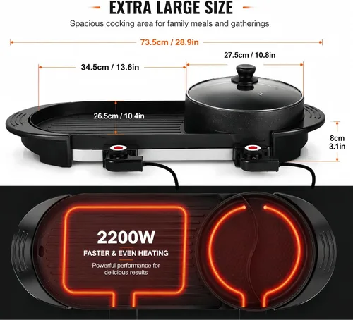 Miniatura 4 de SEAAN Olla caliente con parrilla, parrilla eléctrica para interiores, Shabu Shabu Shabu Pot coreana sin humo, doble temperatura contral, capacidad