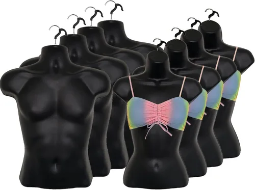Miniatura 12 de Maniquí negro para hombre + mujer negra, forma de inyección, cintura media redondeada, cuerpo torso, forma de vestido con ganchos para colgar