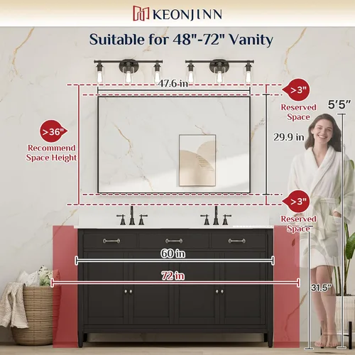 Miniatura 7 de Keonjinn - Espejo con Marco Negro para Baño de 48 x 30 Pulgadas, Espejo Grande de Baño con Marco de Metal Negro Mate, Rectangular, para Pared