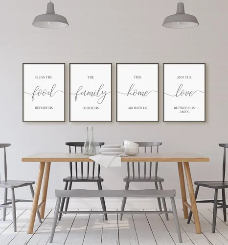 NATVVA Bless The Food Before Us, The Family Beside Us, The Home Around Us And The Love Between Us Set de 4 impresiones para decoración de sala de