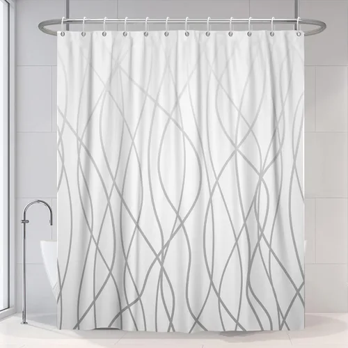 Miniatura 35 de Cortina de ducha pequeña a rayas gris claro degradado para baño, 36 x 72 pulgadas, juego de cortina de ducha geométrica para cabina de RV