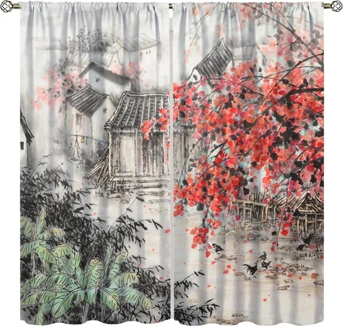 Cortina asiática, flor de cerezo japonés, montañas brumosas de ciruelo rojo asiático, pintura de tinta tradicional, paisaje chino oriental de la
