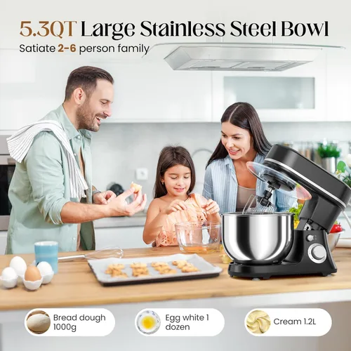 Miniatura 3 de Batidora de pie de 800 W con cuenco de 5.3 cuartos de galón, batidora de cocina eléctrica de 6 velocidades con pulso, batidora de alimentos con Negro