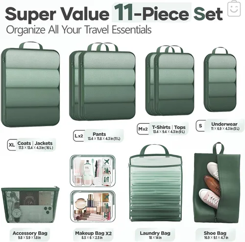 Miniatura 2 de Veken Juego de 11 cubos de compresión para artículos esenciales de viaje, bolsas organizadoras compresibles expandibles grandes para ropa, bolsas