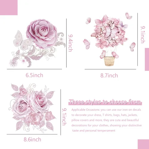Miniatura 4 de 3 parches de flores para planchar para ropa, transferencia de mariposa, rosas rosas, flores, adhesivos para planchar para ropa, camisetas, jeans