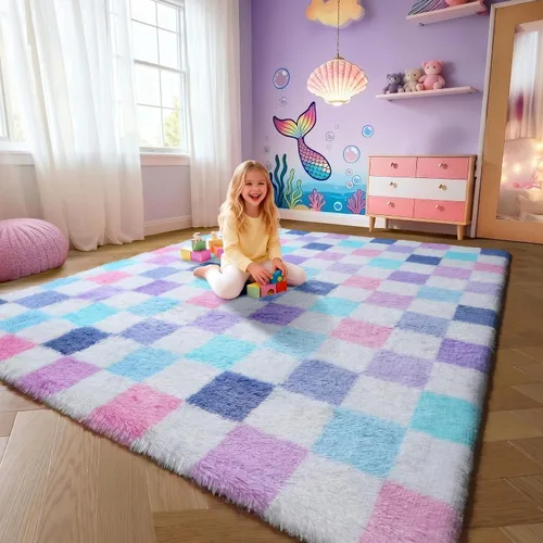 Miniatura 12 de KICMOR - Tapete a cuadros afelpado, peludo, mullido, color beige y blanco crema, pequeño, de 2 x 3 pies, para dormitorio, sala, junto a la cama