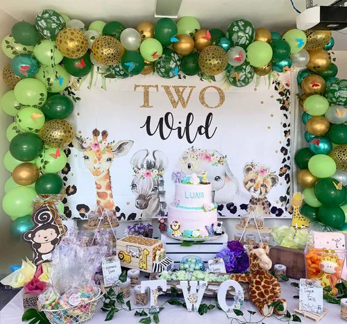 Miniatura 2 de Mocsicka Fondo de dos salvajes para niñas, safari en la selva, animales de 2º cumpleaños, decoración de fiesta de cumpleaños floral, fondo de fotos