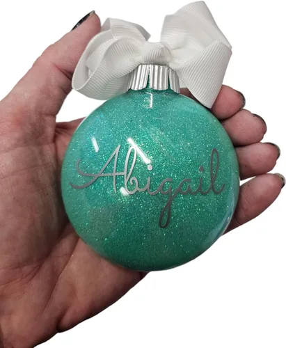 Adorno de Navidad personalizado relleno de purpurina hecho a medida, regalo ideal para fiesta de intercambio de regalos de oficina (Aqua)
