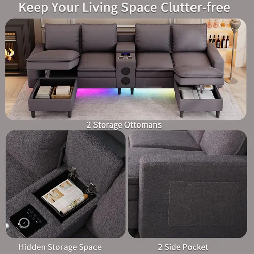 Miniatura 5 de Sofás Seccionales para Sala de Estar, Sofá Seccional de 4 Asientos con Módulo Inteligente-Altavoz Bluetooth/Luz RGB/Estación de Carga, Sofá de Nube