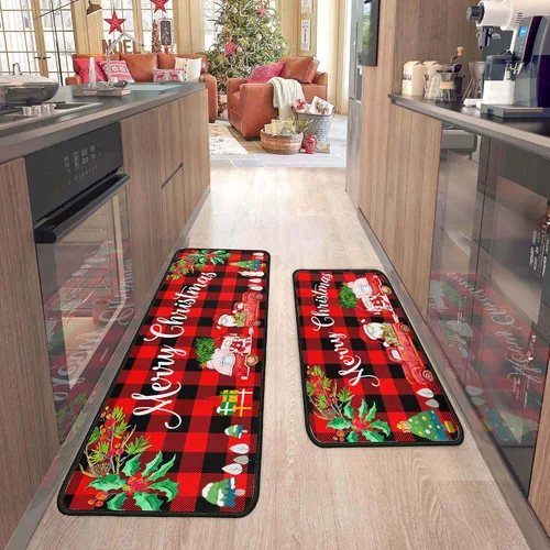 Miniatura 15 de 2 piezas de alfombras y tapetes de cocina de Navidad para el suelo con respaldo antideslizante, decoración de cocina de Navidad feliz, juego