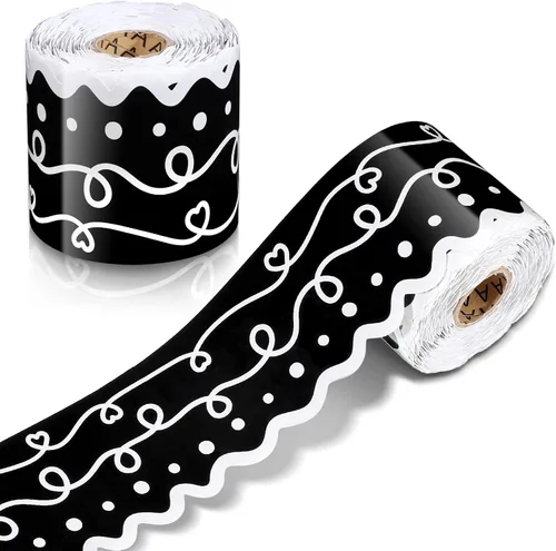 Eaasty Tablero de anuncios en blanco y negro de 69 pies, para decoración de aula, tablero de anuncios, papel colorido festoneado troquelado para