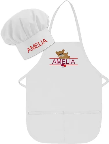 Conjunto de delantal y sombrero personalizado para niños, diseño de animales, añade tu propio nombre para niños, cocina, horneado Blanco